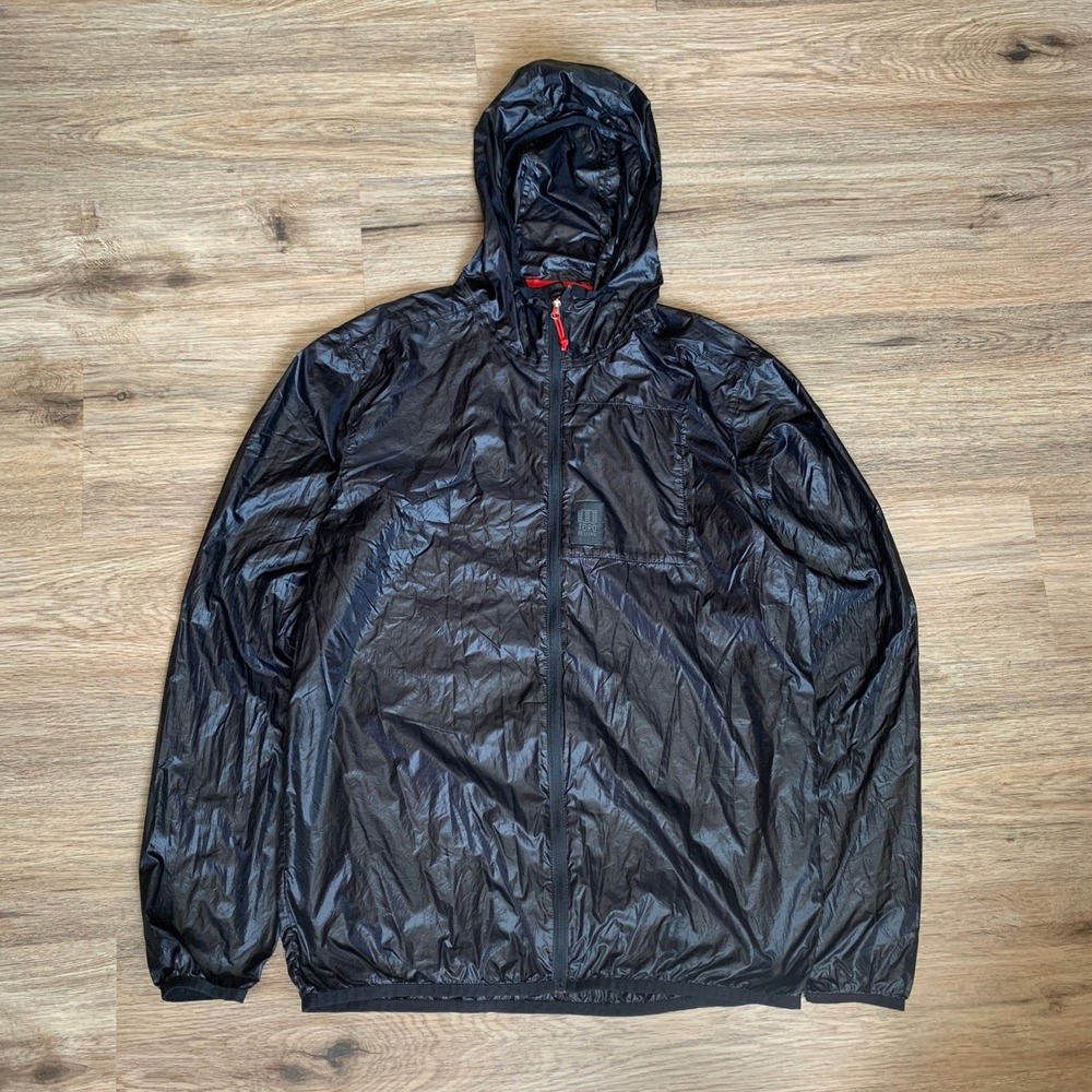 Topo Designs Mens Ultralight Windbreaker Jacket Black Hooded Full Zip - Medium